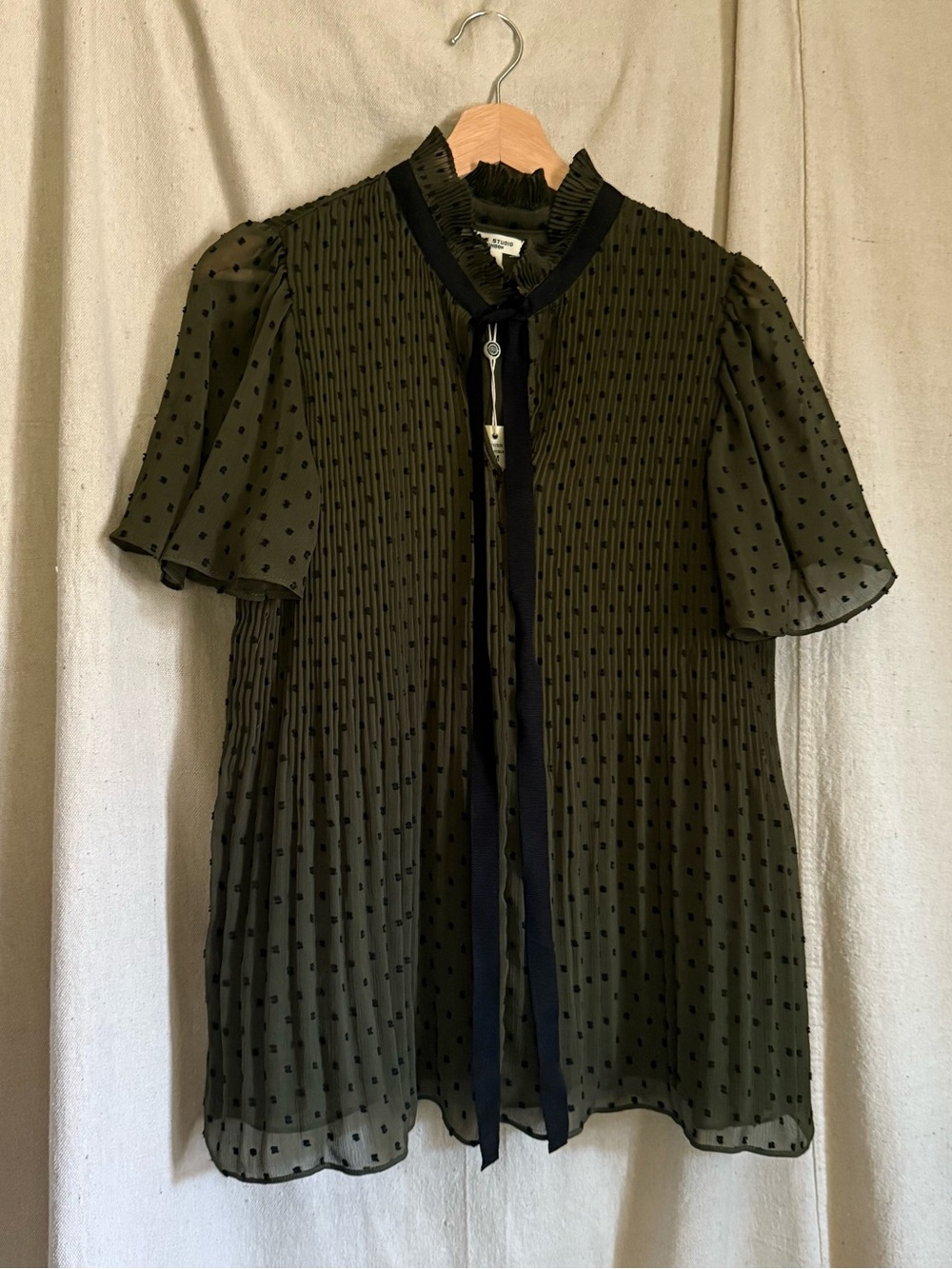 Olive Green Swiss Dot Tie-Neck Blouse